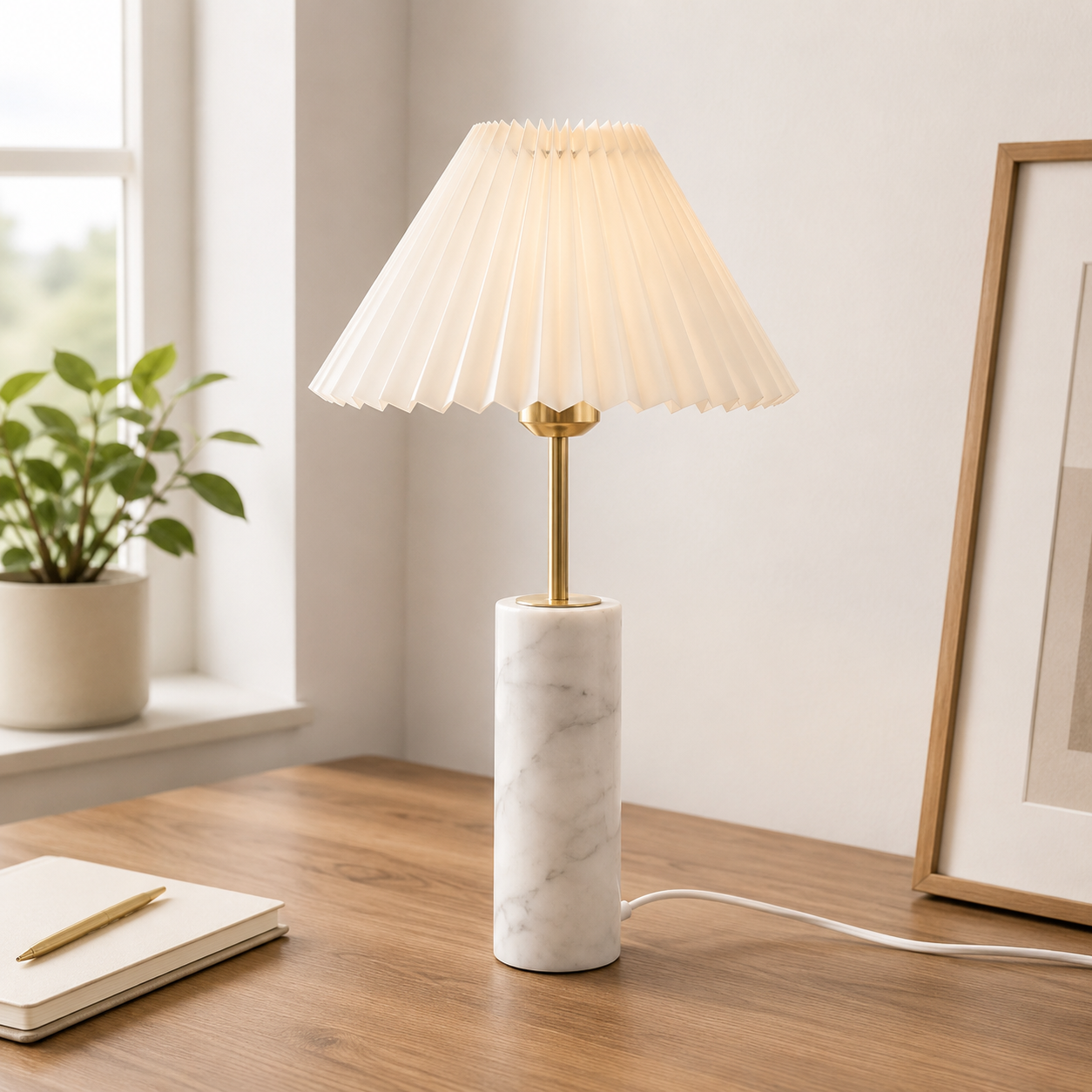 Table lamp with a pleated lampshade